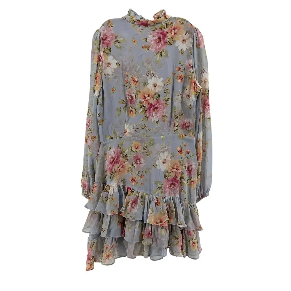 Yumi Kim Floral Ruffle Mini Dress in Light Gray and Pink - Picture 3 of 6